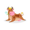 Cartoon red spotted lying cow. Farm funny animal chewing flower and relaxing. Isolated on white background. Flat trendy style. Royalty Free Stock Photo