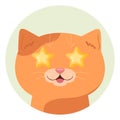 Cartoon red tabby cat with stars in his eyes. The cat is delighted and looks at the object of adoration