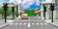 Cartoon red traffic lights downtown concept. Illuminated traffic signal background. 3d illustration