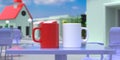 Cartoon red, white mugs on table downtown concept. Blur coffee shop background. 3d illustration