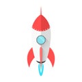 Cartoon red and white space rocket in a flat style is isolated on white background. Flies into space. Blue fire from a turbine roc Royalty Free Stock Photo