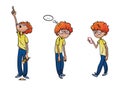 Cartoon redhead boy. A boy with glasses, walking with a phone, saw interesting things and was tired.