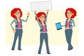 Cartoon redhead hippie woman character vector set
