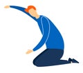 Cartoon redhead man stretching side body, wearing blue sportswear, fitness activity. Male character exercising, warm-up