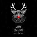 Cartoon Reindeer Face in Grunge Style on Black Xmas Festival Elements Pattern Background for Merry Christmas.