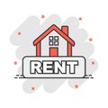 Cartoon rent house icon in comic style. Home illustration pictogram. Rental sign splash business concept Royalty Free Stock Photo