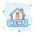 Cartoon rent house icon in comic style. Home illustration pictogram. Rental sign splash business concept Royalty Free Stock Photo