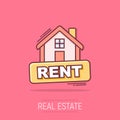 Cartoon rent house icon in comic style. Home illustration pictogram. Rental sign splash business concept Royalty Free Stock Photo