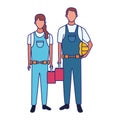 Cartoon repair woman and man with tool boxes