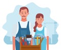 Cartoon repair woman and man with tools box