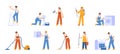 Cartoon repairman characters. Electrician, plumber and disinfector, cleaning service staff workers. Female male Royalty Free Stock Photo