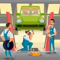 Cartoon Repairmen Team and Lifted Car in Garage Royalty Free Stock Photo