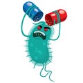 Cartoon representation of a super bug a microorganism, feeding on the drug or antibiotic Royalty Free Stock Photo