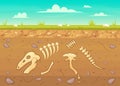 Cartoon reptile bones ground. Archeology buried bones game underground, dinosaur skeleton in soil layers vector Royalty Free Stock Photo