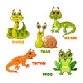 Cartoon Reptile Characters Isolated Vector Set. Snail, Snake, Triton, And Frog With Lizard Cute And Funny Personages Royalty Free Stock Photo