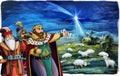 Cartoon rerigious illustration with three kings and the holy family traditional scene Royalty Free Stock Photo