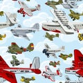 Cartoon retro airplanes 30s seamless pattern