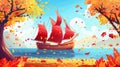 This is a cartoon retro boat with red sails in the sea, viewed from an autumn park with yellow trees displaying Royalty Free Stock Photo