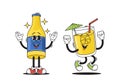 Cartoon Retro Bottle And Cocktail Cup Characters With Wide Smiles And Funky Mood. Isolated Vector Unique Personages