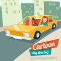 Cartoon retro car city driving street backgorund