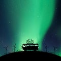 Cartoon retro car between windmills at night Royalty Free Stock Photo