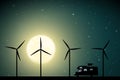 Cartoon retro car between windmills on road on moonlit night Royalty Free Stock Photo