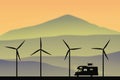 Cartoon retro car between windmills on road at morning Royalty Free Stock Photo