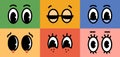 Cartoon retro character comic eyes emotions set on colored backgrounds. Vector illustration