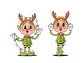 Cartoon Retro Christmas Elves Characters, Decked In Festive Garb, Sport Deer Antlers, Evoking Holiday Cheer
