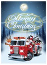 Cartoon Retro Christmas Poster With Firetruck And Santa Claus