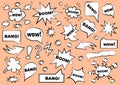 Cartoon retro comic style speech bubbles set. Hand drawn pop art, vintage speech clouds, thinking bubbles Royalty Free Stock Photo