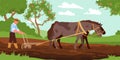 Cartoon retro countryside scene with farmer and animals working to cultivate organic grain, old agriculture technology