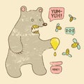 Cartoon retro funny bear with honey and bees. Vector grunge illustration.