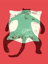 Cartoon retro funny cat on the pillow. Vector grunge illustration.