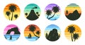 Cartoon retro gradient emblems, sunset 80s style badges. Summer beach palm trees landscape 90s round stamps flat vector