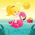 Cartoon Retro Happy Bikini Girl On Flamingo Pool Float Sunny Day