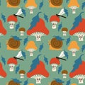 Cartoon retro kids seamless pattern with mushrooms