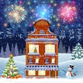 Cartoon retro merry christmas night illustration city houses facades Royalty Free Stock Photo