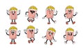 Cartoon Retro Popcorn Bucket Character With A Buttery Smile And Vintage Charm. Fast-food Sensation, Vector Set