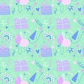 Cartoon retro seamless happy birthday pattern for wrapping paper and linens and fabrics and kids clothes print Royalty Free Stock Photo