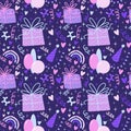 Cartoon retro seamless happy birthday pattern for wrapping paper and linens and fabrics and kids clothes print Royalty Free Stock Photo
