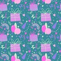 Cartoon retro seamless happy birthday pattern for wrapping paper and linens and fabrics and kids clothes print Royalty Free Stock Photo