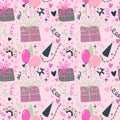 Cartoon retro seamless happy birthday pattern for wrapping paper and linens and fabrics and kids clothes print Royalty Free Stock Photo