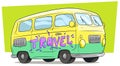 Cartoon retro van bus with text label Travel Royalty Free Stock Photo