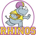 Cartoon rhino playing football inside a circle with Rhinos text.