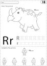 Cartoon rhino and rocket. Alphabet tracing worksheet: writing A-Z and educational game for kids