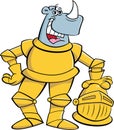 Cartoon rhino wearing a suit of armor.