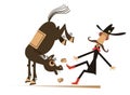 Cartoon rider and a balky horse isolated illustration