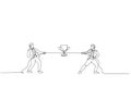 rivals pulling a rope, tug of war, fighting for the prize. Single continuous line art style