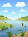 Cartoon river or lake and reeds, freshwater plants with clouds ÃÂ¾ÃÂ½ blue sky. Vertical natural landscape waterside Royalty Free Stock Photo